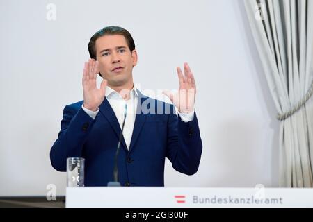 Wien, Österreich. 8. September 2021. Medienpublikum der Bundesregierung. Presseerklärung im Anschluss an die Konferenz der Bundesregierung mit den Gouverneuren und Experten über die neuen Corona-Maßnahmen. Das Bild zeigt Kanzler Sebastian Kurz (ÖVP). Stockfoto