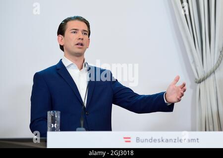 Wien, Österreich. 8. September 2021. Medienpublikum der Bundesregierung. Presseerklärung im Anschluss an die Konferenz der Bundesregierung mit den Gouverneuren und Experten über die neuen Corona-Maßnahmen. Das Bild zeigt Kanzler Sebastian Kurz (ÖVP). Stockfoto