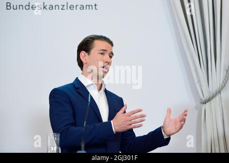 Wien, Österreich. 8. September 2021. Medienpublikum der Bundesregierung. Presseerklärung im Anschluss an die Konferenz der Bundesregierung mit den Gouverneuren und Experten über die neuen Corona-Maßnahmen. Das Bild zeigt Kanzler Sebastian Kurz (ÖVP). Stockfoto