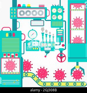 Fabrik von Viren mit Maschinen. Flaches Design. Serienproduktion. Stock Vektor