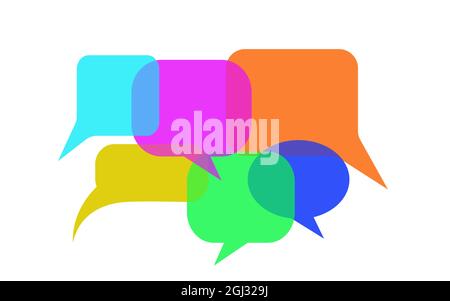 Bunte Sprechblasen auf weißem Hintergrund. Gruppe von vielen leeren Blase Sprachfarbe auf weiß. Transparente Sprechblasen. Stockfoto