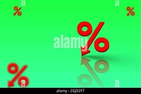 Prozentzeichen mit Pfeil nach unten un Grüner Hintergrund mit Kopierbereich. 3D-Darstellung der roten Prozentpunkte. Angebot und Rabattkonzept Stockfoto