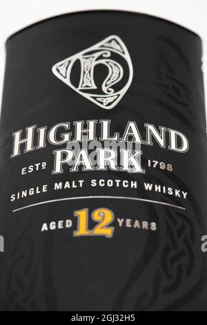 Schachtel mit 12 Jahre altem HIGHLAND PARK Single Malt Scotch Whisky Stockfoto