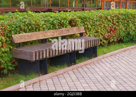 Moderne Holzbank im öffentlichen Park oder auf der Straße mit grüner Hecke entlang des Fußweges auf verschwommenem Hintergrund.Fokus auf den Vordergrund. Stockfoto