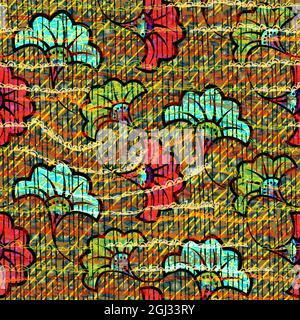 Afrikanischer Wachsdruck Stoff, ethnisch handgemachte Ornament nahtloses Design, Tribal Muster Motive florale Elemente. Vektor-Textur, afro bunte Textil Stock Vektor