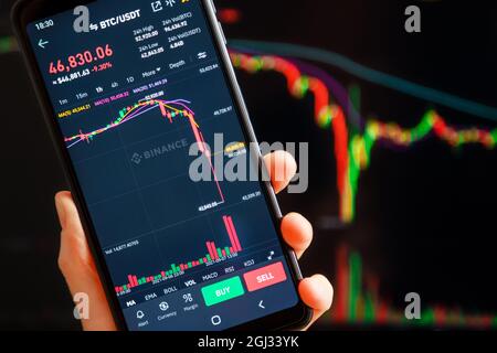 Ukraine, Odessa - September, 7 2021: Bitcoin-Dump. Trading-Paar BTC USDT bei Binance Mobile App läuft auf dem mobilen Bildschirm mit Trading-Seite im Hintergrund. Kryptowährungs- und Handelsplattform Stockfoto