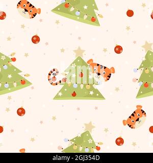 Nahtloses Neujahrs-Muster. Tiger und Weihnachtsbaum mit Kugeln und Gräber auf weißem Hintergrund mit Sternen. Vektorgrafik. Für Dekor, Design, PR Stock Vektor