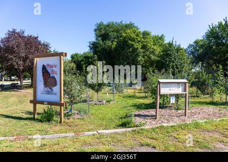 LUVERNE, MN, USA-21. AUGUST 2021: Der mit der Vorarie verbündete Public Food Forest zeigt Schilder und Pflanzungen. Stockfoto