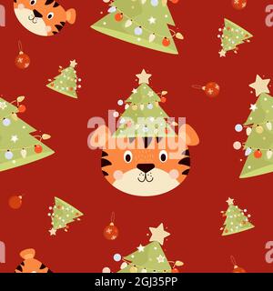 Nahtloses Muster. Jahrestiger und Weihnachtsbaum mit Kugeln und Girlanden auf rotem Hintergrund. Vektorgrafik. Für Dekor, Design, Druck, Verpackung Stock Vektor