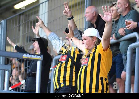 Göteborg, Schweden. September 2021. Hacken-Unterstützer beim UEFA Womens Champions League Qualifikationsrunde 2 zwischen BK Hacken und Valerenga IF in der Bravida Arena in Göteborg, Schweden Quelle: SPP Sport Press Foto. /Alamy Live News Stockfoto