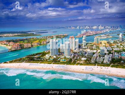 Miami Beach, South Beach, Helikopter-Luftaufnahme Miami City, South Florida, USA Stockfoto