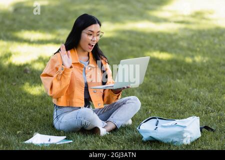 Aufgeregt asiatische Frau sitzt auf Gras mit gekreuzten Beinen und winkende Hand während Videoanruf Stockfoto