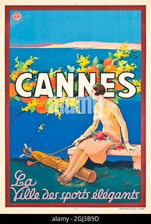 Klicken Sie auf das Vintage French Raiwax travel Poster - Cannes, 1920er Jahre Stockfoto