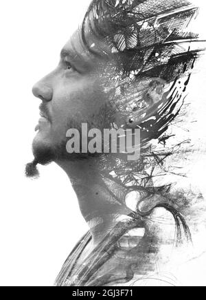 Paintographie.Schwarz-Weiß-Malerei kombiniert mit einem Porträt des Menschen Stockfoto