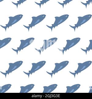Seetier nahtloses Muster mit Hai. Unterwasser Welt Bewohner drucken. Handgezeichnete Unterwasserdarstellung des Lebensvektors. Lustige Cartoon marine Tiere Charakter für Kinder Stoff, Textil. Stock Vektor