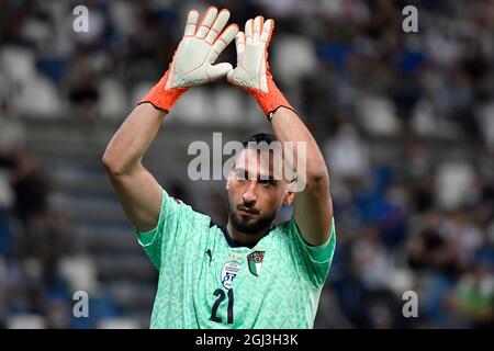 Reggio Emilia, Italien. September 2021. Gianluigi Donnarumma aus Italien reagiert während des Qualifikationsspiels der Weltmeisterschaft 2022 zwischen Italien und Litauen im Citta del tricolore-Stadion in Reggio Emilia (Italien) am 8. September 2021. Foto Andrea Staccioli/Insidefoto Kredit: Insidefoto srl/Alamy Live News Stockfoto