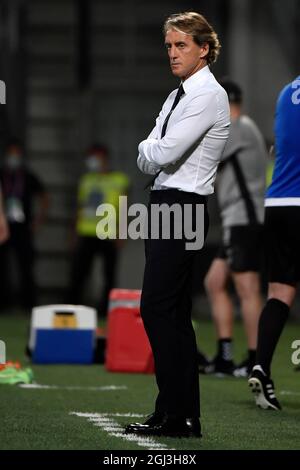 Reggio Emilia, Italien. September 2021. Roberto Mancini, Trainer aus Italien, reagiert während des Qualifikationsspiels der Fußball-Weltmeisterschaft 2022 zwischen Italien und Litauen im Citta del tricolore-Stadion in Reggio Emilia (Italien) am 8. September 2021. Foto Andrea Staccioli/Insidefoto Kredit: Insidefoto srl/Alamy Live News Stockfoto