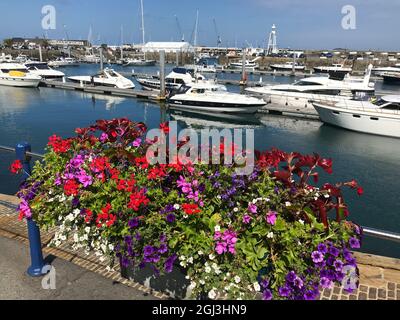 Britische Kanalinseln. Guernsey. St. Peter Port. Blumenarrangement am Hafen. Stockfoto