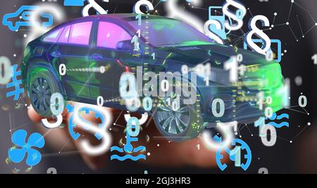 3D-Rendering eines Autos mit verschiedenen Symbolen, die es umgeben, und einem verschwommenen Hintergrund Stockfoto