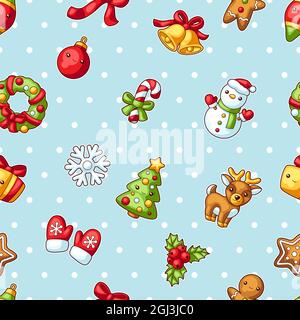 Süßes Merry Christmas Nahtloses Muster. Niedliche Zeichen und Symbole. Urlaub Hintergrund in Cartoon-Stil. Stock Vektor