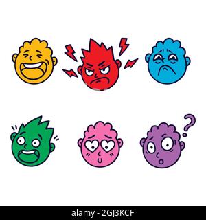 Rundes, abstraktes Gesicht mit verschiedenen Emotionen. Glücklich, wütend, fragend, erschrocken, traurig, Verlieben Sie sich in einen Emoji-Avatar. Cartoon-Stil. Vektordesign. Stock Vektor