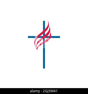 Kreuz auf Feuer christian Kirche Logo. Vektor-Symbol für christliche Organisationen. Feuerzeichen in Form eines Kreuzes. Isolierte abstrakte Grafik-Design-Vorlage Stock Vektor