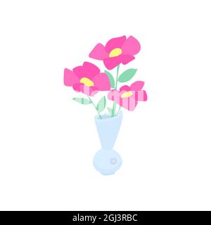 Flache Illustration einer Vase mit Blumen zum Drucken. Konzept für die Innendekoration im Cartoon. Vektorgrafik. Stock Vektor