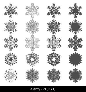 Set mit schwarzen und weißen Schneeflocken-Illustrationen. Isolierte Vektorobjekte auf weißem Hintergrund. Stock Vektor