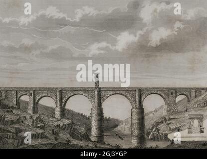 Spanien, Extremadura. Alcántara-Brücke. Römische Brücke. Es wurde auf Befehl des Kaiser Trajan zwischen 104-106 n. Chr. über dem Fluss Thagus erbaut. Gravur. Las Glorias Nacionales. Band I, Ausgabe Madrid-Barcelona, 1852. Stockfoto