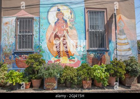 Haus an der Ecke von Balmy Alley und 25th Street im Mission District in San Francisco, Kalifornien. Stockfoto