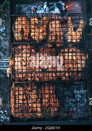 Steaks von rotem Fisch und Schweinekoteletts, eingehüllt in leichten Rauch, werden auf heißen Kohlen auf dem Grill gegart. Vertikales Foto. Stockfoto