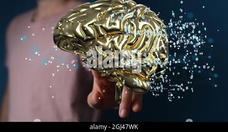 3D-Rendering eines goldenen menschlichen Gehirns mit einem Mann, der es von der BA berührt Stockfoto