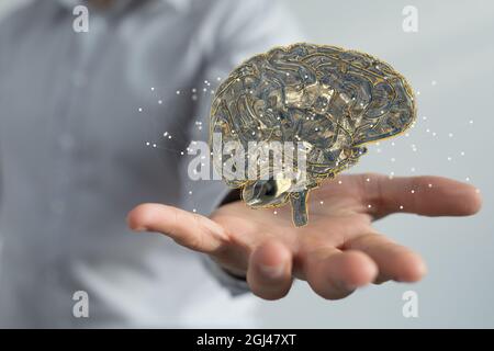3D-Rendering eines goldenen menschlichen Gehirns, das in der Hand eines Mannes mit einem verschwommenen Hintergrund schwebt Stockfoto