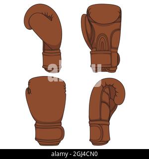 Set mit Illustrationen mit braunen Boxhandschuhen aus Leder. Isolierte Vektorobjekte auf Weiß. Stock Vektor