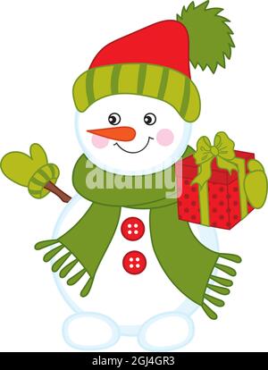 Niedliche Weihnachts Schneemann Holding Geschenkbox. Vektor Happy Xmas Schneemann Stock Vektor