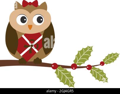 Niedliche Eule mit Schleife Holding Weihnachten Geschenkbox sitzt auf Holly Zweig. Vektor Cute Eule mit Weihnachten Geschenkbox Stock Vektor