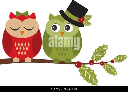 Niedliche Eulen in Liebe sitzen auf Holly Zweig. Vektor-Weihnachtseulen Stock Vektor