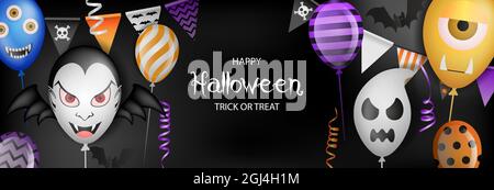 Fröhliches halloween-Banner mit Partyballons, Wimpern und Luftschlangen Stock Vektor