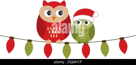 Familie der niedlichen Weihnachtseulen sitzt auf der Weihnachten slights String. Vektor Cute Weihnachtseulen Stock Vektor