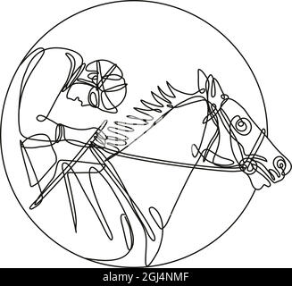 Kontinuierliche Linienzeichnung Illustration eines Jockeys und Pferderennens Seitenansicht im Kreis in mono-line oder Doodle-Stil in schwarz und weiß auf isol getan Stock Vektor