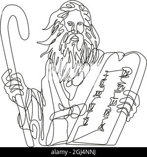 Kontinuierliche Linienzeichnung Illustration des Propheten Moses mit Personal hält einen Steintisch mit zehn Geboten in mono-line-Kunst Doodle-Stil in getan Stock Vektor