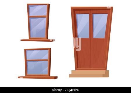 Set Holzfenster und Tür in Cartoon-Stil isoliert auf weißem Hintergrund. Braune strukturierte Außendekorationen, Elemente. . Vektorgrafik Stock Vektor