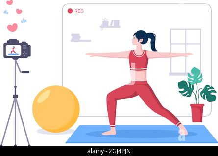 Fitness-Blogger auf Yoga Content Creator Hintergrundaufzeichnung Online-Video Kurse von Sport Übungen und kümmern Körper. Flaches Design Vektor Illustration Stock Vektor
