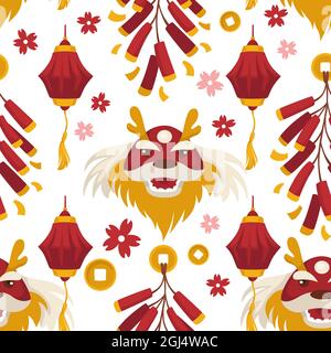 Chinesische Mythologie und Symbole, rotes Drachenmuster Stock Vektor