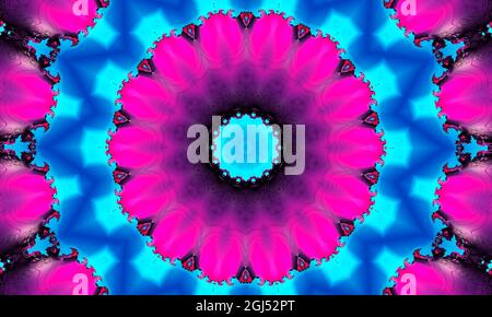 Cyan Blume auf rosa Stern Hintergrund. Detailreiche Tapete mit vielen Kreisen, Quadraten und dekorativen Blumen in Reihen und Säulen in rosa und einem leuchtenden Exus Stockfoto