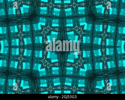 Illustration abstrakte kaleidoskopische Muster in Jadefarbe entstanden aus Foto von grünen Bambusblättern für Fliesen, Tapeten, Textilien oder Stockfoto