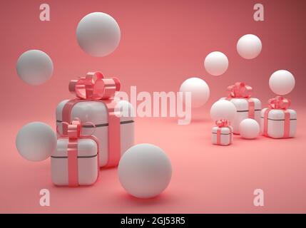 Weiße Geschenkschachteln mit rosa Schleife auf rosa Hintergrund mit weißen Ballons, 3D Illustration Stockfoto