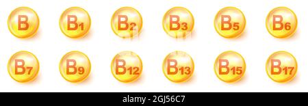 Vitamine runde Symbole. Set von Vitaminen B-Gruppe. Vektorgrafik. Konzept für ein gesundes Leben Stock Vektor
