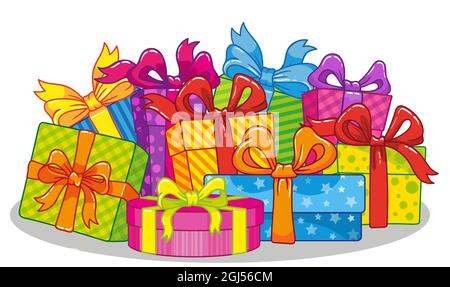 Großer Gewinn, großer Verkauf, Schwarzer Freitag, Weihnachtsgeschenke. Helle Geschenkboxen mit Bändern im großen Stapel Stock Vektor