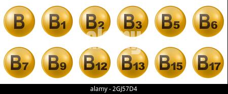 Vitamine runde Symbole. Set von Vitaminen B-Gruppe. Vektorgrafik. Konzept für ein gesundes Leben Stock Vektor